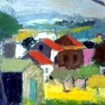 PAESAGGIO DI CASA CON TETTI ROSSI 1960